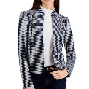 Tommy Hilfiger Striped Puff Sleeve Open Blazer Jacket Navy Large Gold Button